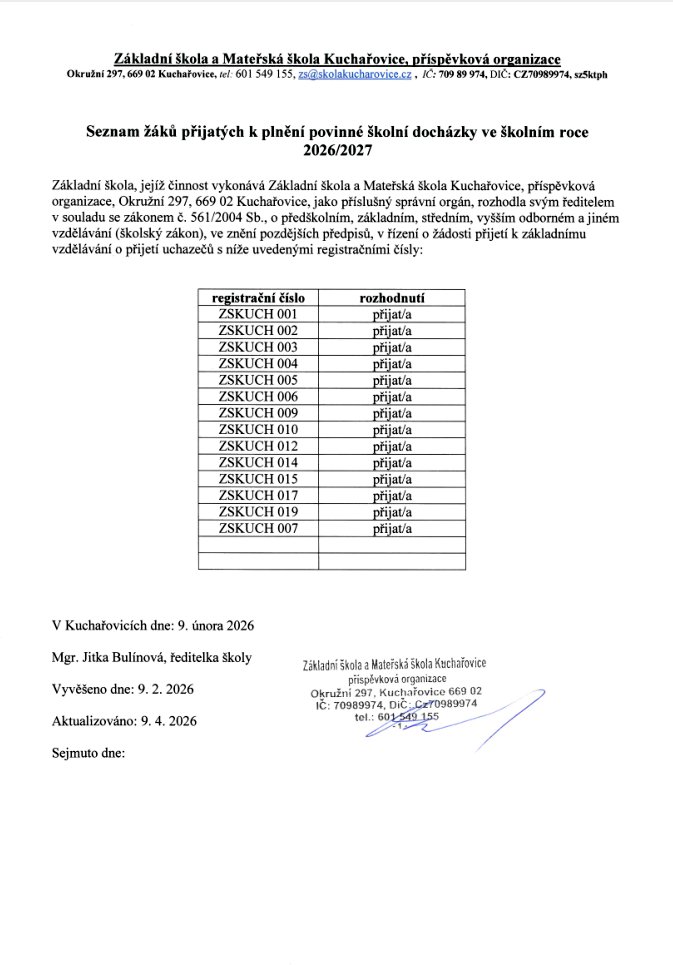 Seznam žáků přijatých k plnění povinné školní docházky ve školním roce 2026/2027